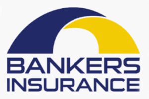 A blue and yellow logo for bankers insurance.